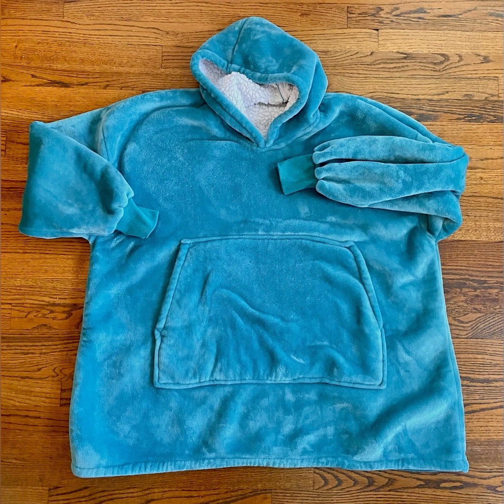 Oversized Blanket Hoodie Sherpa Lined XXL Teal Aqua Blue Unisex